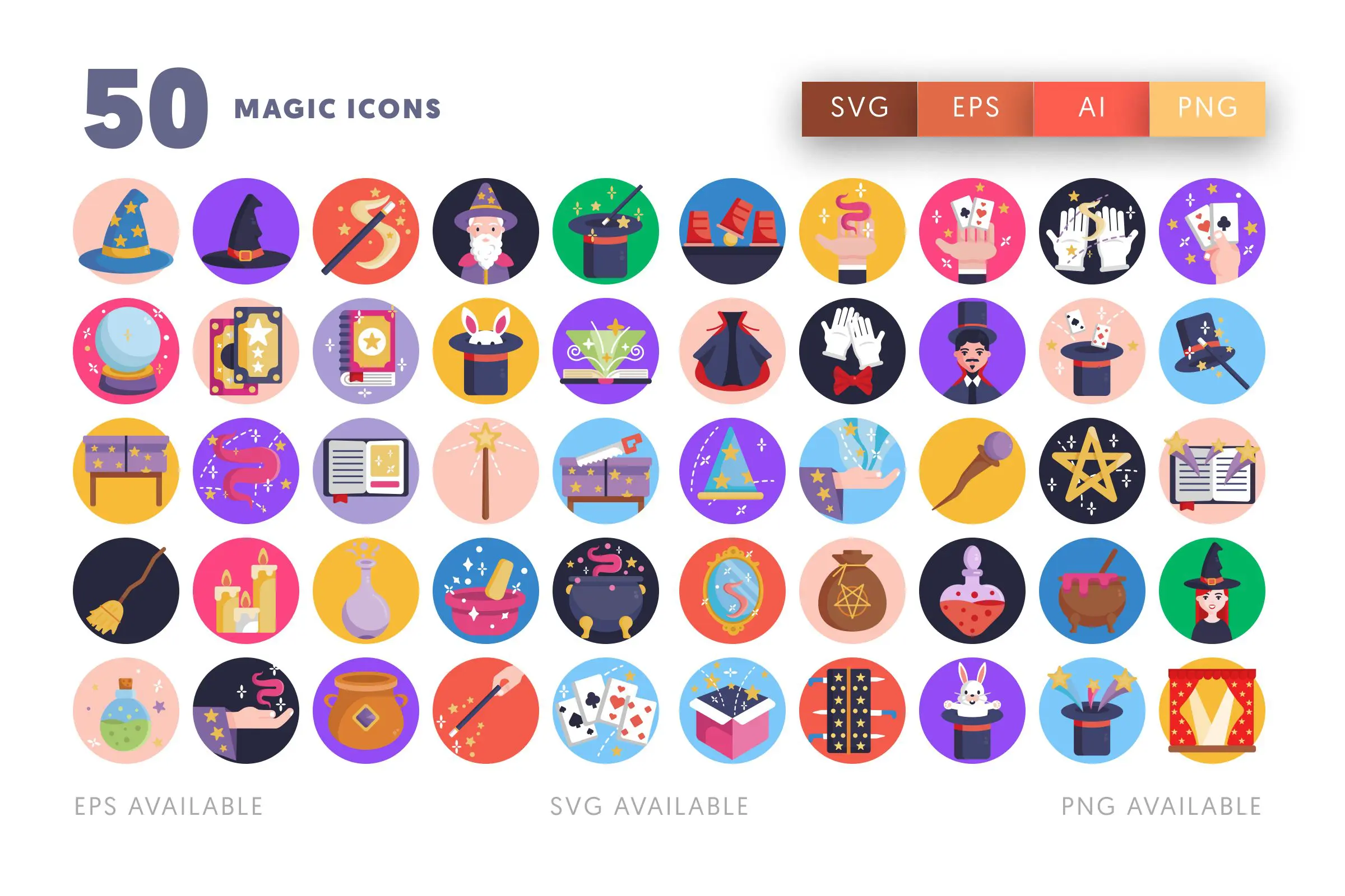 50 Magic Icons – flat circle icon set