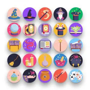 50 Magic Icons – set of colorful flat circle icons