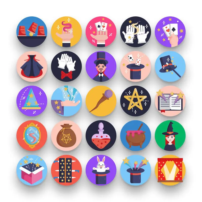 50 Magic Icons – set of colorful flat circle icons