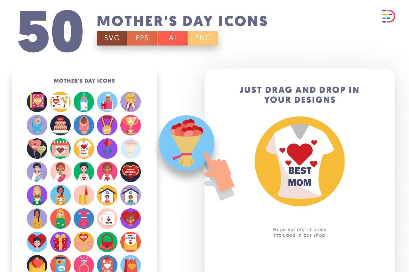 50 Mother’s Day Icons preview 1 – flat circle icons in PNG, SVG and EPS