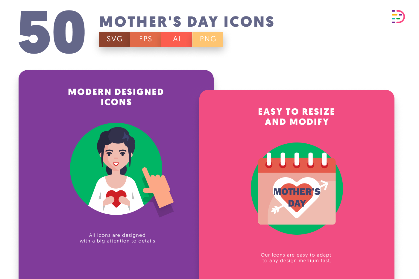 50 Mother’s Day Icons cover – flat circle icons in PNG, SVG and EPS
