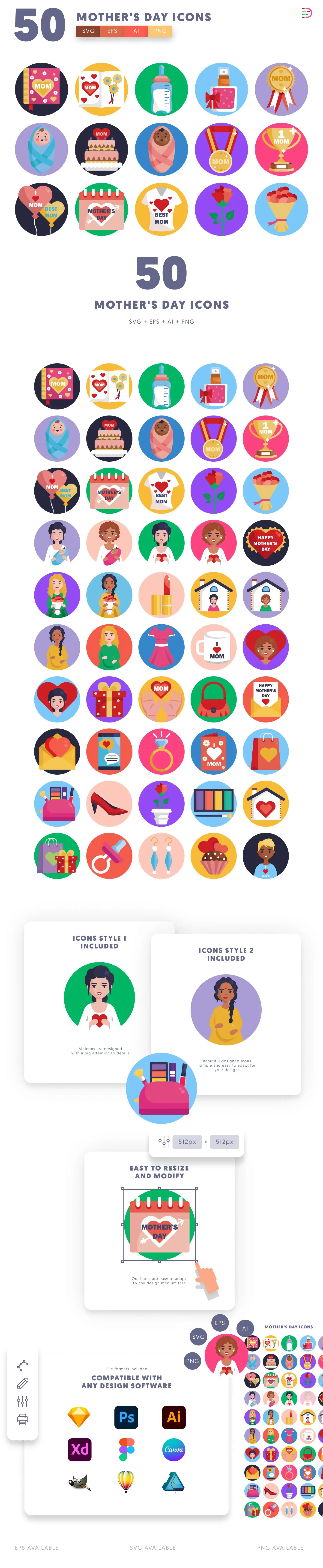 50 Mother’s Day Icons cover – flat circle icons in PNG, SVG and EPS