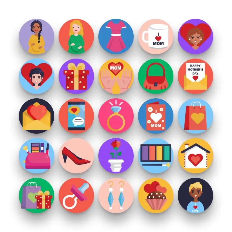 50 Mother’s Day Icons – set of colorful flat circle icons