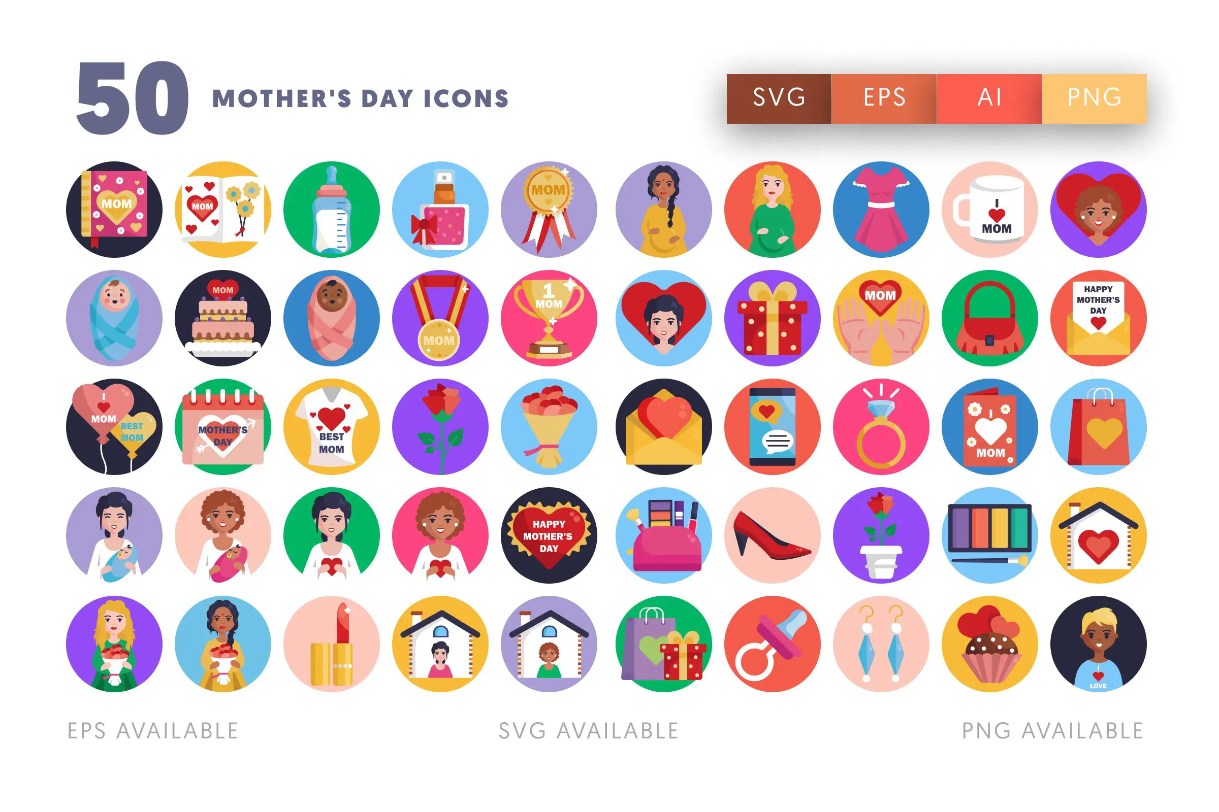 50 Mother’s Day Icons – flat circle icon set