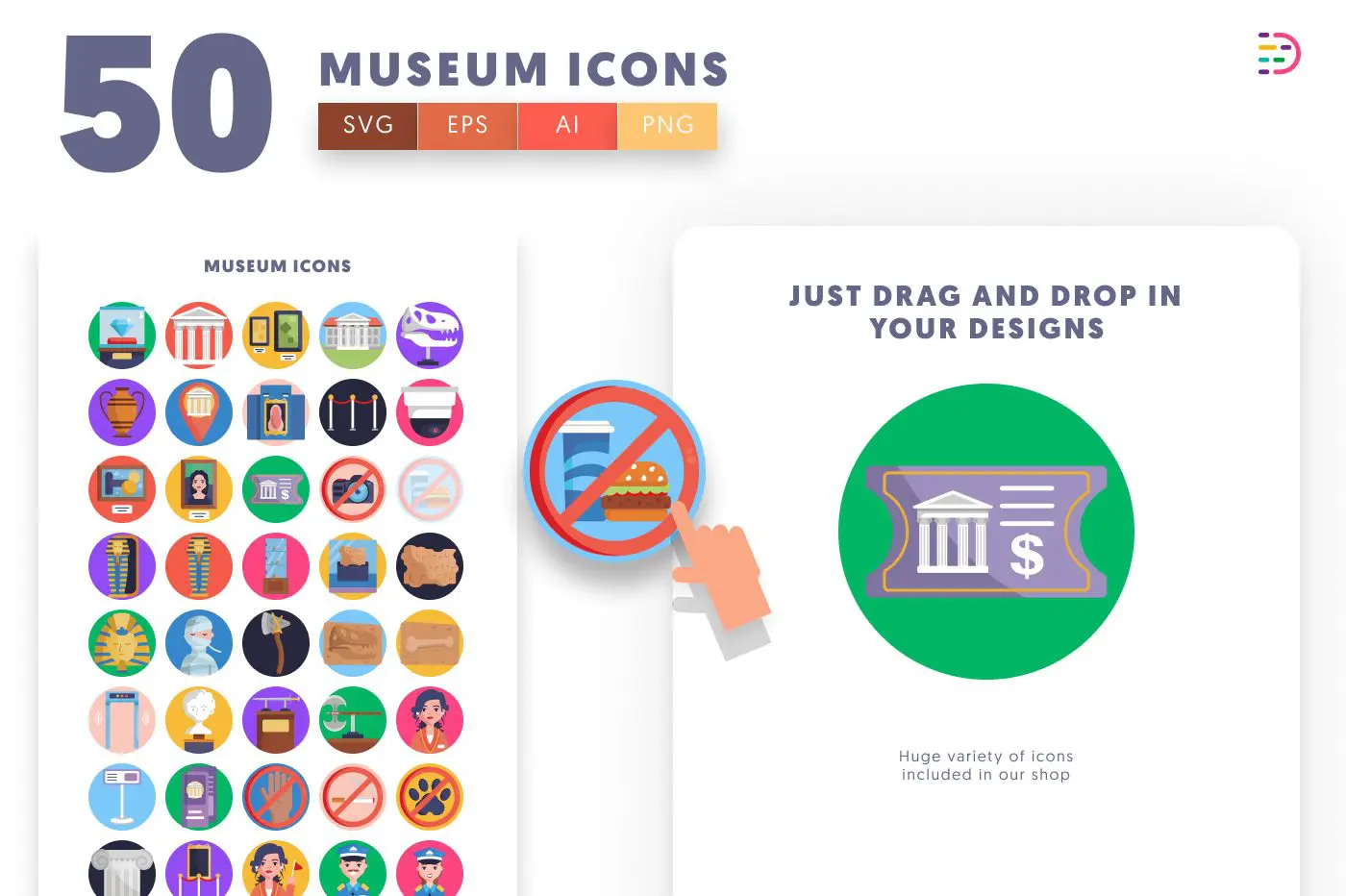 50 Museum Icons preview 1 – flat circle icons in PNG, SVG and EPS