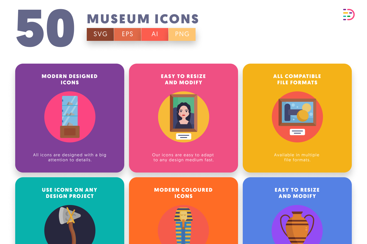50 Museum Icons preview 5 – flat circle icons in PNG, SVG and EPS