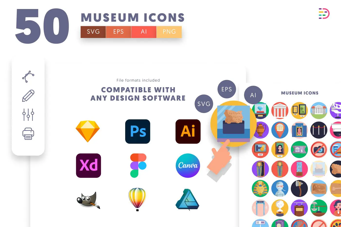 50 Museum Icons preview 8 – flat circle icons in PNG, SVG and EPS