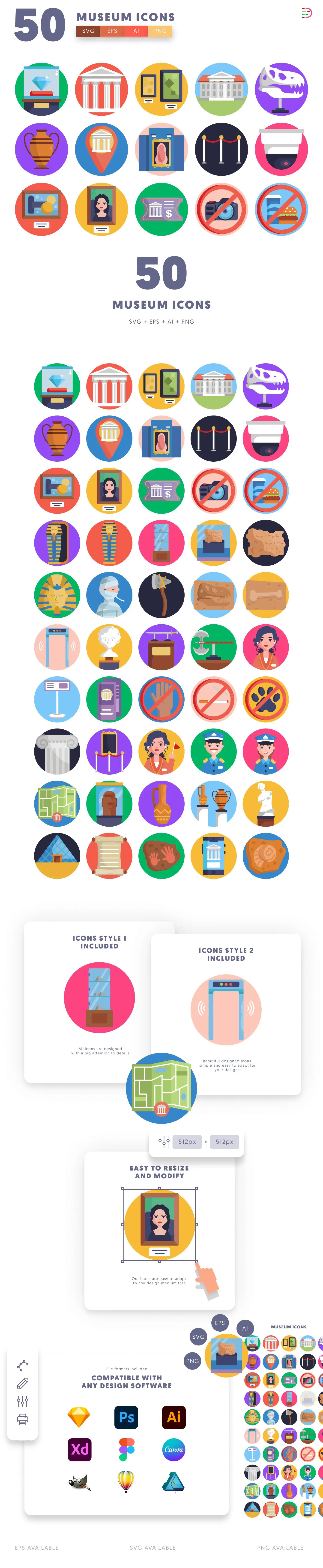 50 Museum Icons cover – flat circle icons in PNG, SVG and EPS