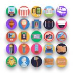 50 Museum Icons – set of colorful flat circle icons