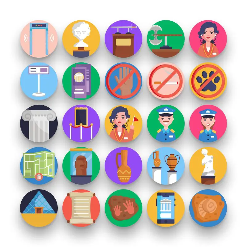 50 Museum Icons – set of colorful flat circle icons