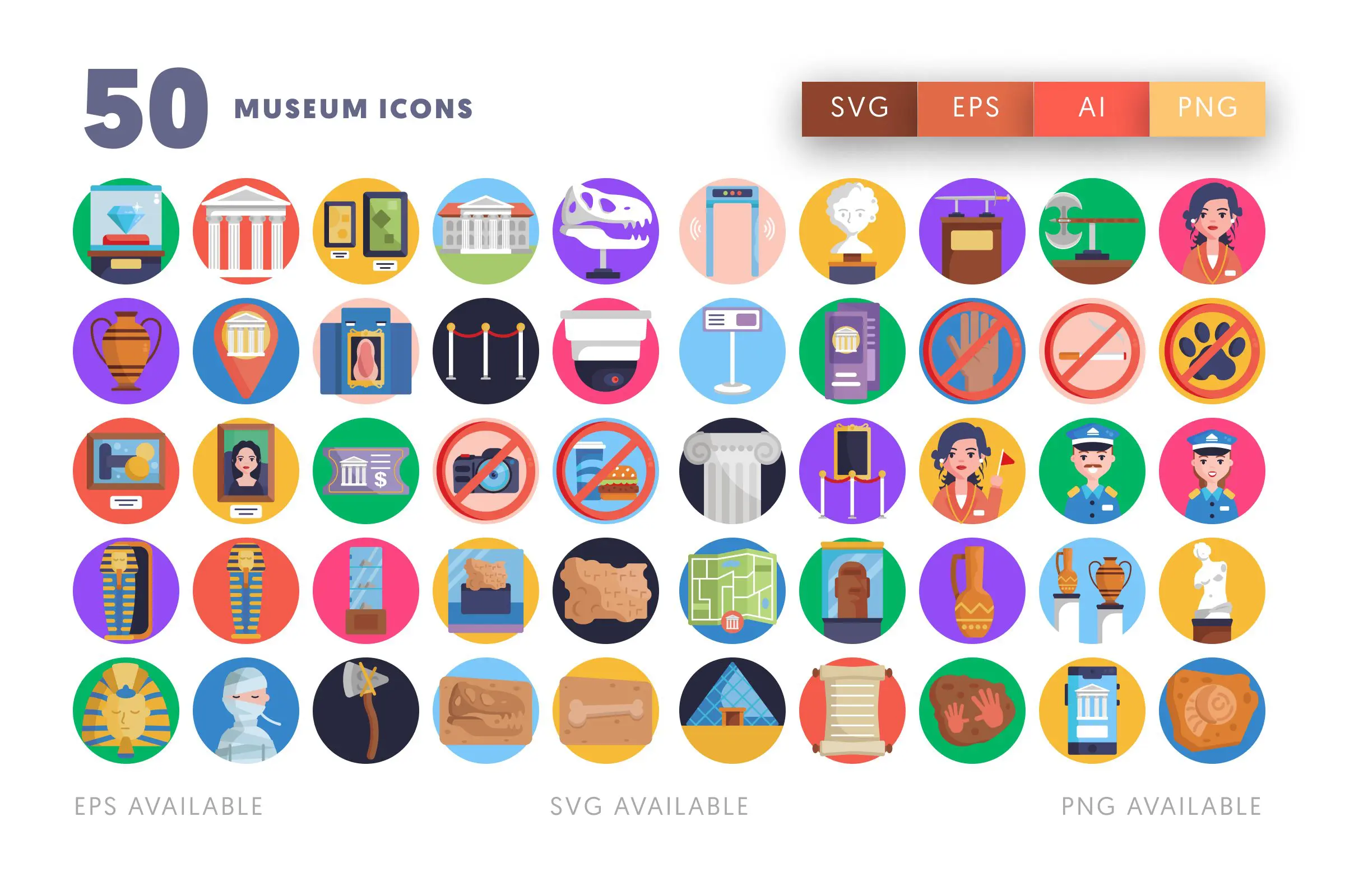 50 Museum Icons – flat circle icon set