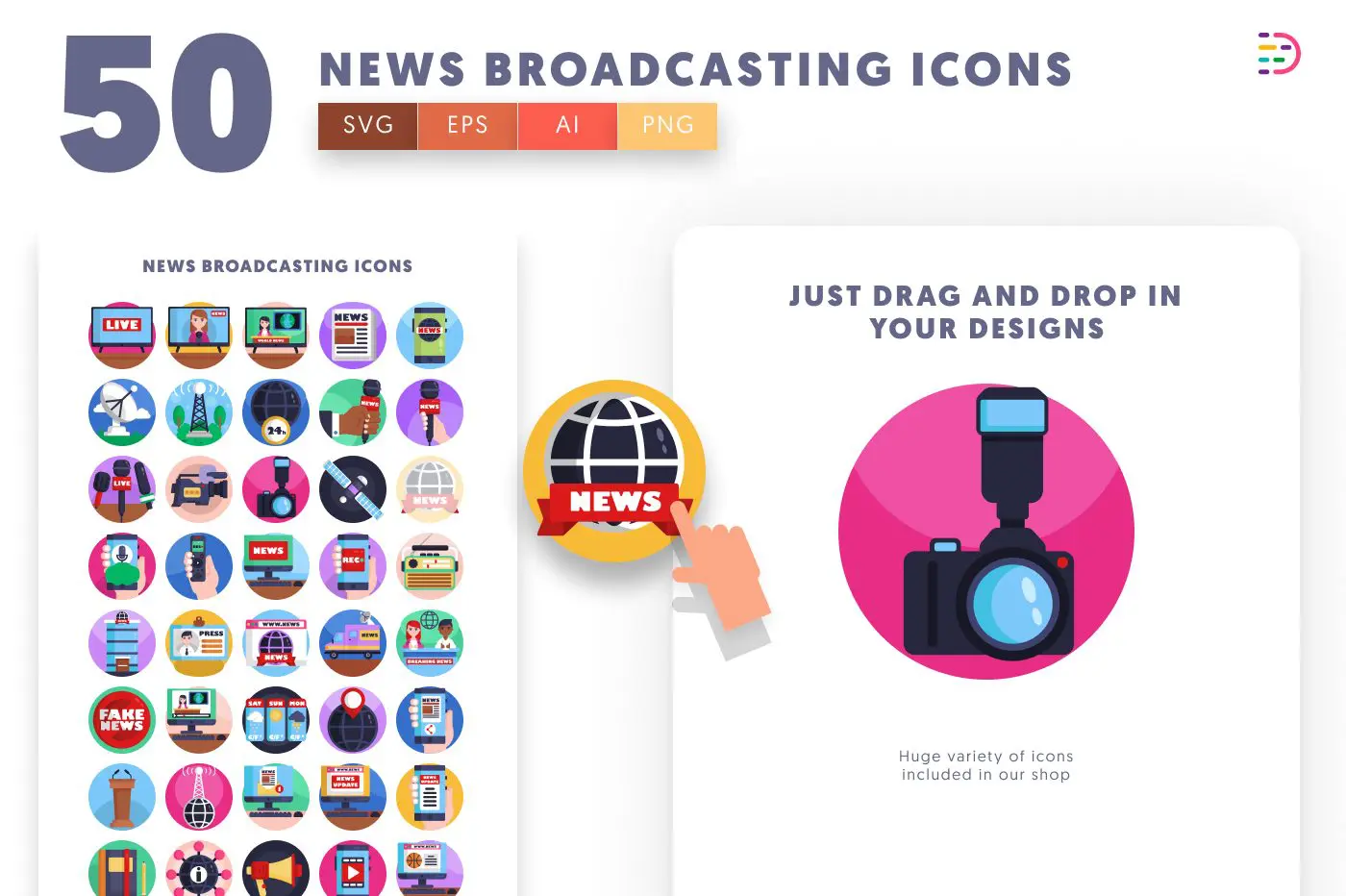 50 News Broadcasting Icons preview 1 – flat circle icons in PNG, SVG and EPS