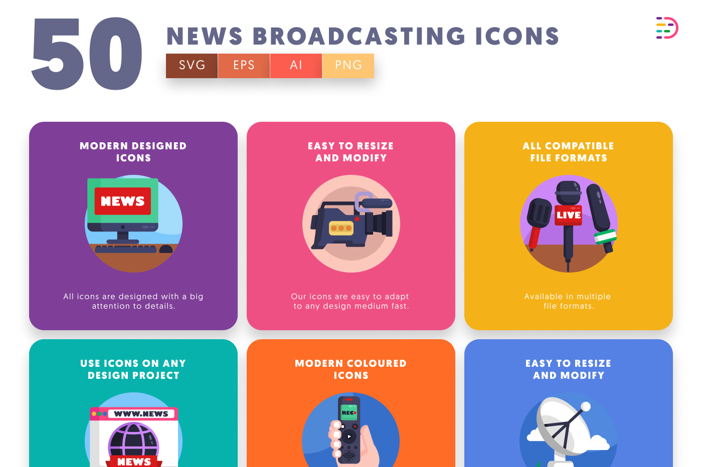 50 News Broadcasting Icons preview 5 – flat circle icons in PNG, SVG and EPS