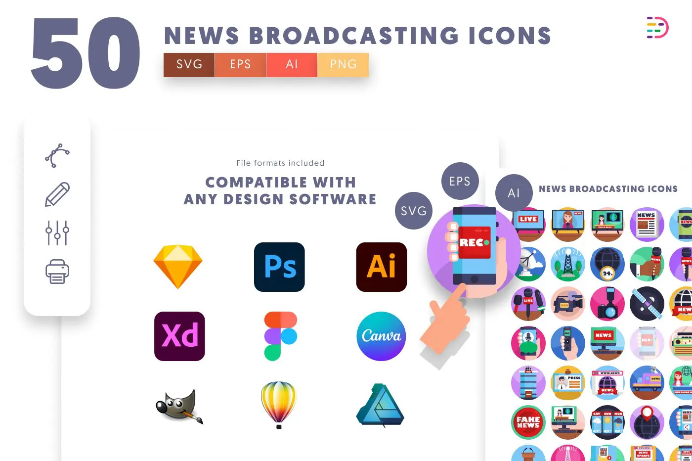50 News Broadcasting Icons preview 8 – flat circle icons in PNG, SVG and EPS