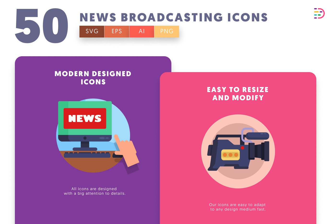 50 News Broadcasting Icons cover – flat circle icons in PNG, SVG and EPS