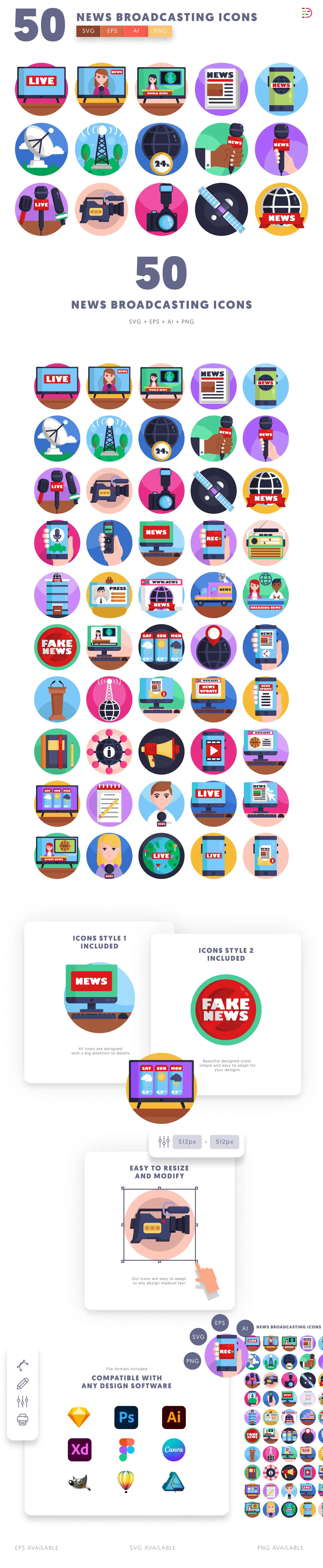 50 News Broadcasting Icons cover – flat circle icons in PNG, SVG and EPS
