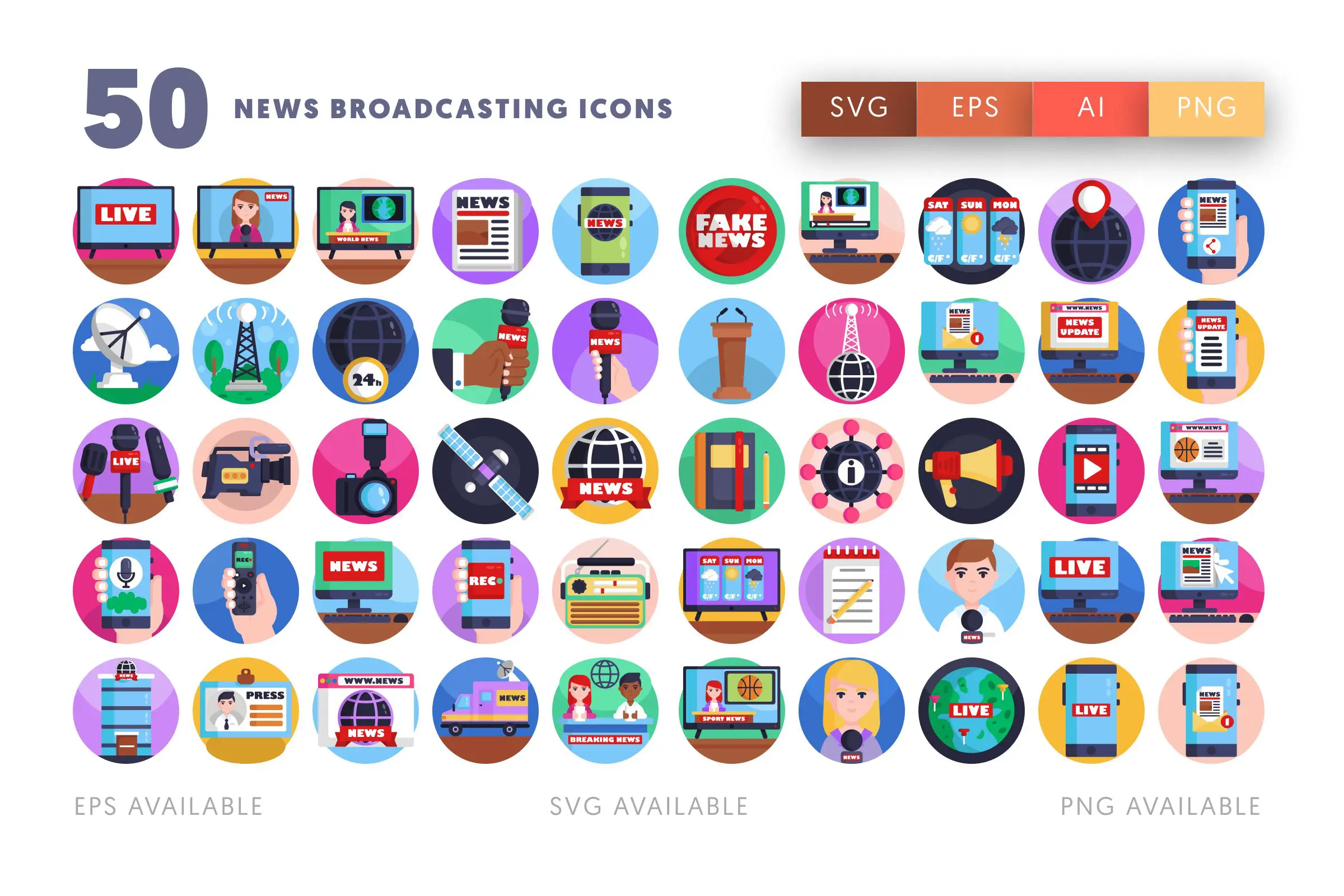 50 News Broadcasting Icons – flat circle icon set