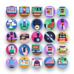 50 News Broadcasting Icons – set of colorful flat circle icons