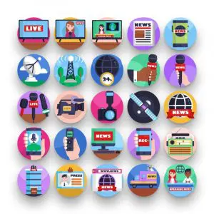 50 News Broadcasting Icons – set of colorful flat circle icons