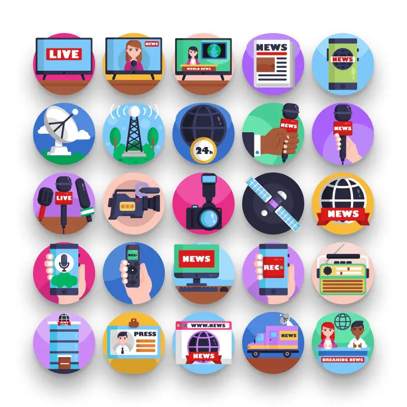 50 News Broadcasting Icons – set of colorful flat circle icons
