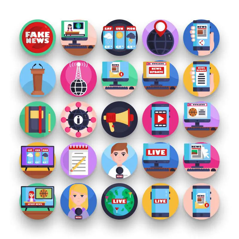 50 News Broadcasting Icons – set of colorful flat circle icons