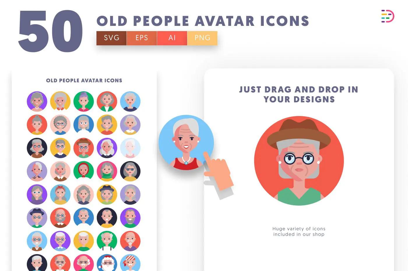 50 Old People Avatar Icons preview 1 – flat circle icons in PNG, SVG and EPS