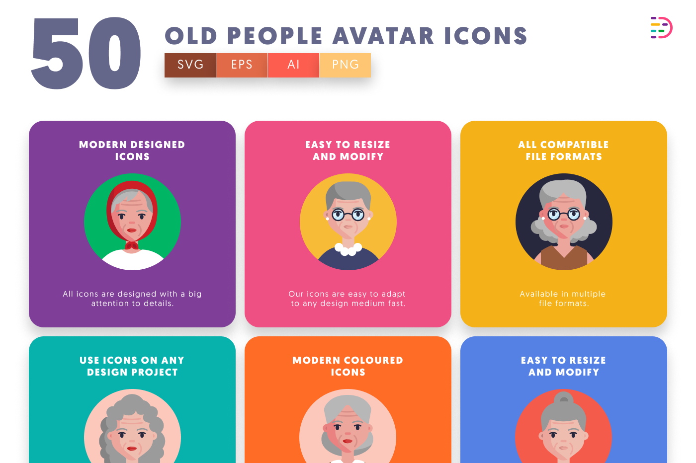 50 Old People Avatar Icons preview 5 – flat circle icons in PNG, SVG and EPS