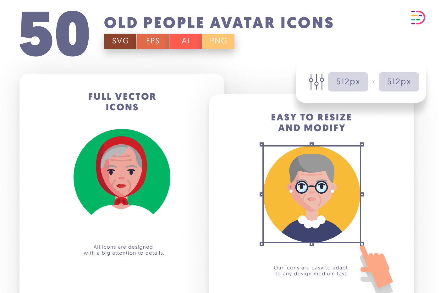50 Old People Avatar Icons preview 6 – flat circle icons in PNG, SVG and EPS
