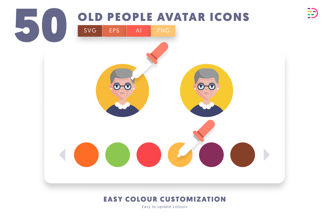 50 Old People Avatar Icons preview 7 – flat circle icons in PNG, SVG and EPS