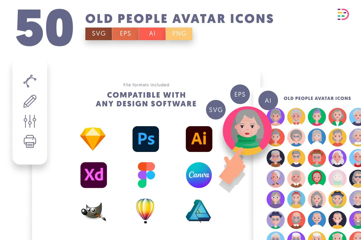 50 Old People Avatar Icons preview 8 – flat circle icons in PNG, SVG and EPS