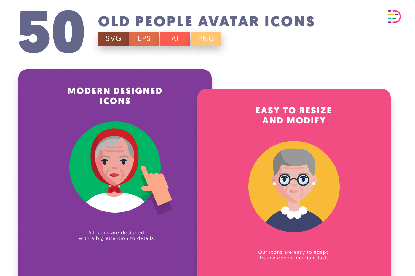 50 Old People Avatar Icons cover – flat circle icons in PNG, SVG and EPS