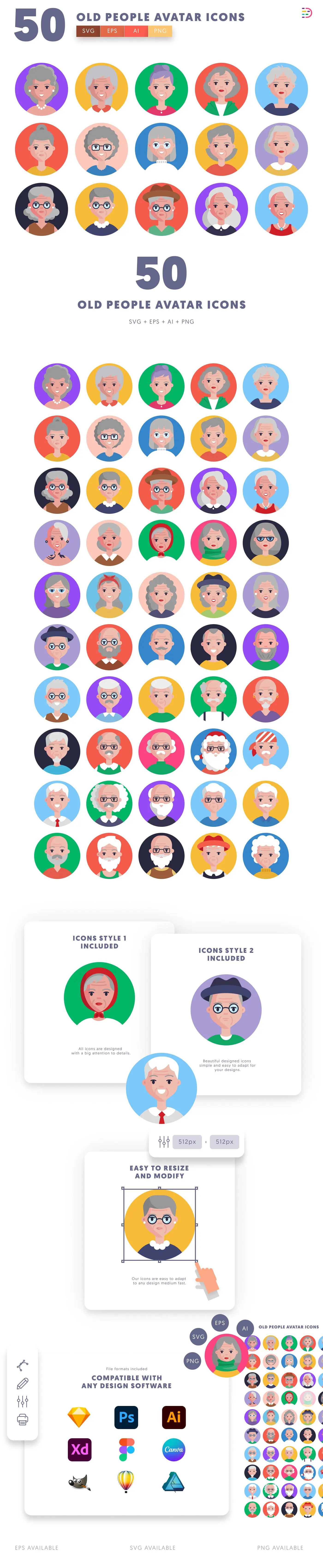 50 Old People Avatar Icons cover – flat circle icons in PNG, SVG and EPS