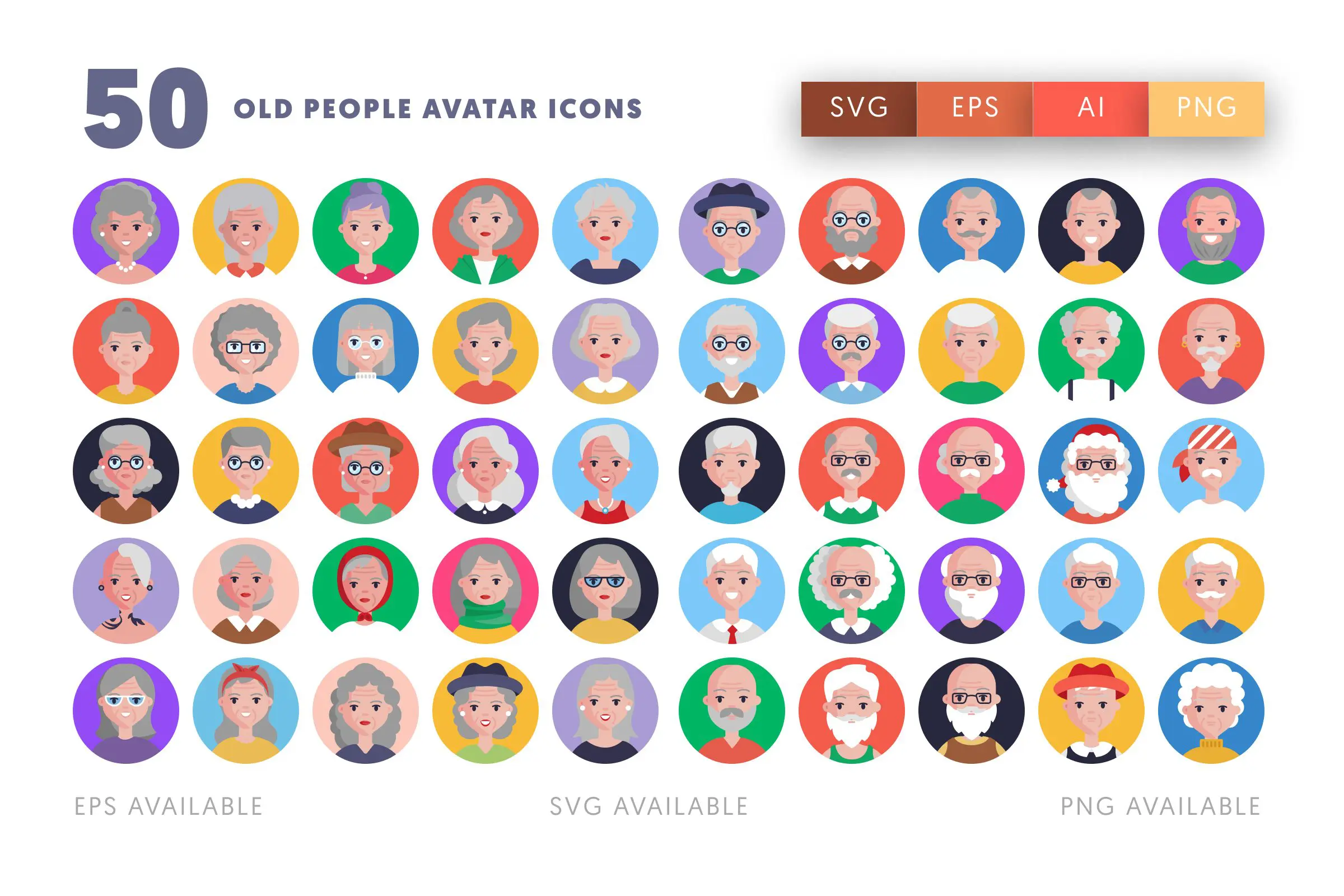 50 Old People Avatar Icons – flat circle icon set