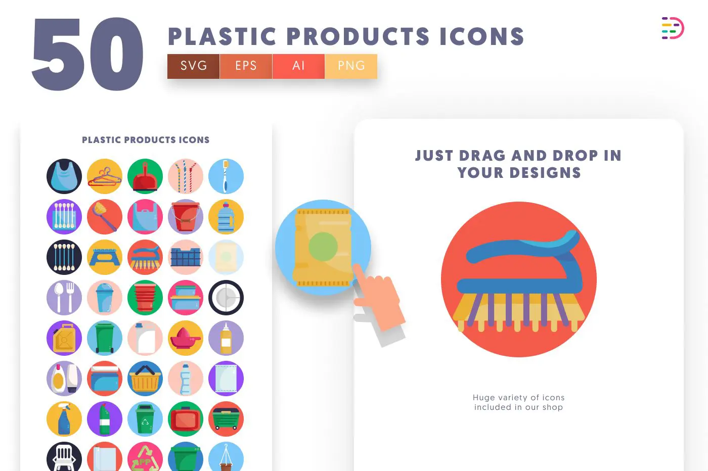 50 Plastic Products Icons preview 1 – flat circle icons in PNG, SVG and EPS