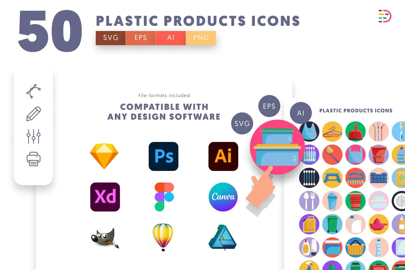 50 Plastic Products Icons preview 8 – flat circle icons in PNG, SVG and EPS