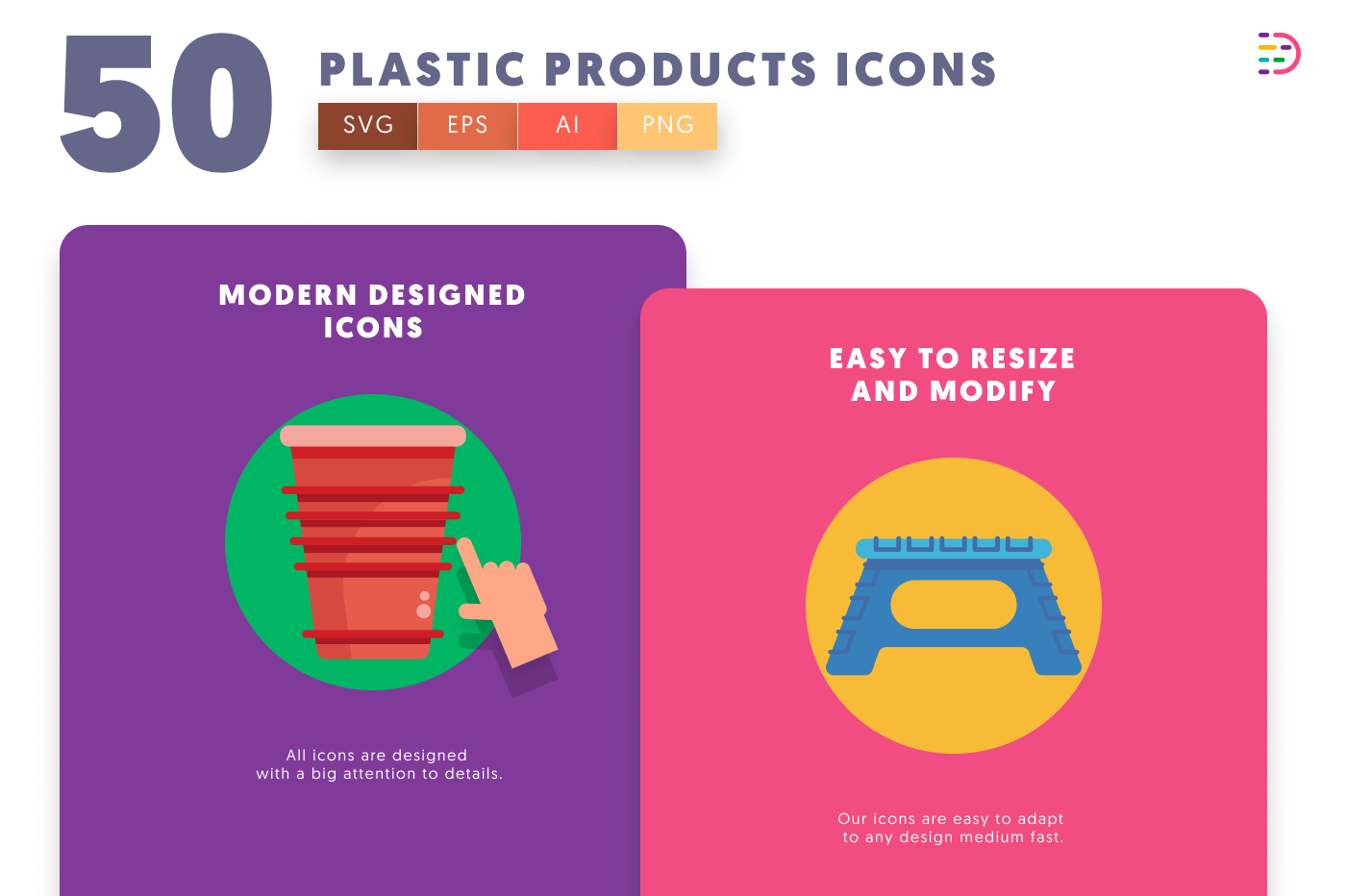 50 Plastic Products Icons cover – flat circle icons in PNG, SVG and EPS