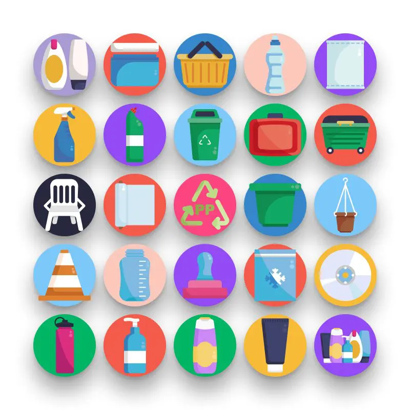 50 Plastic Products Icons – set of colorful flat circle icons