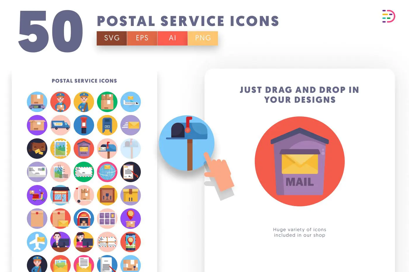 50 Postal Service Icons preview 1 – flat circle icons in PNG, SVG and EPS