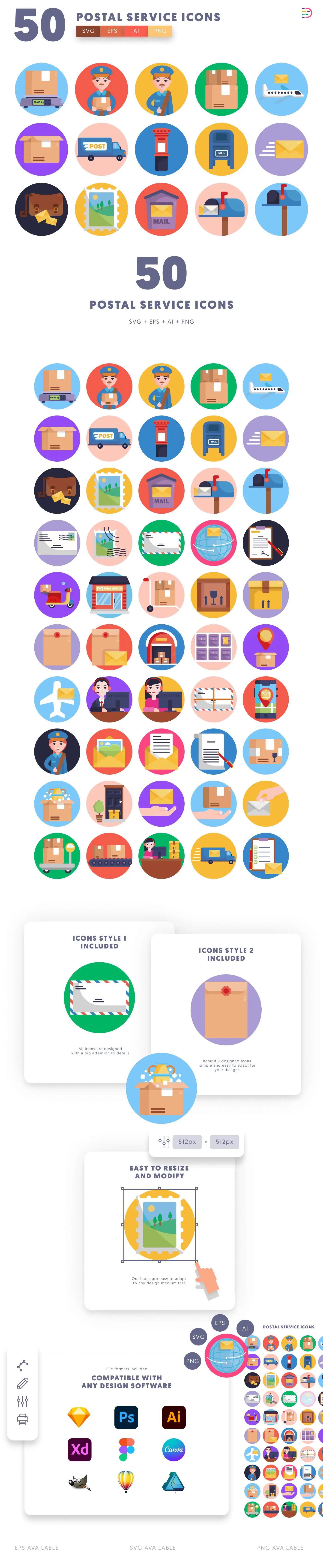 50 Postal Service Icons cover – flat circle icons in PNG, SVG and EPS