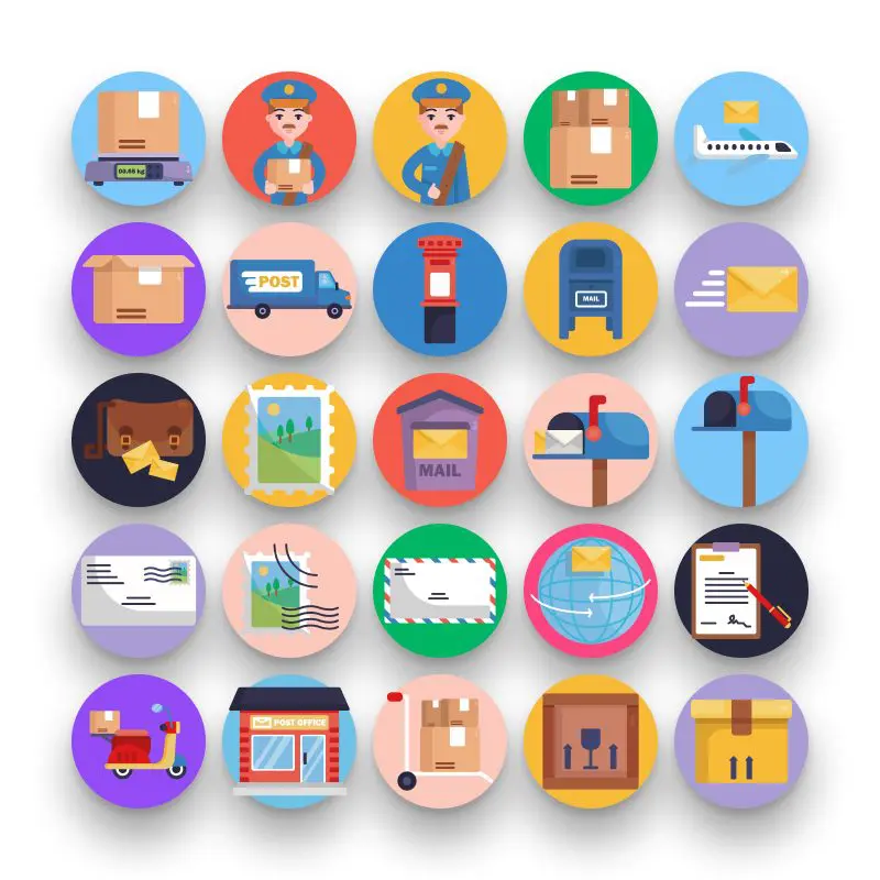 50 Postal Service Icons – set of colorful flat circle icons
