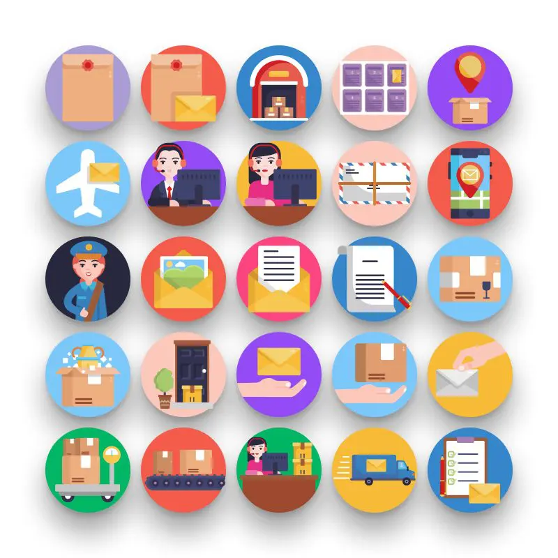50 Postal Service Icons – set of colorful flat circle icons