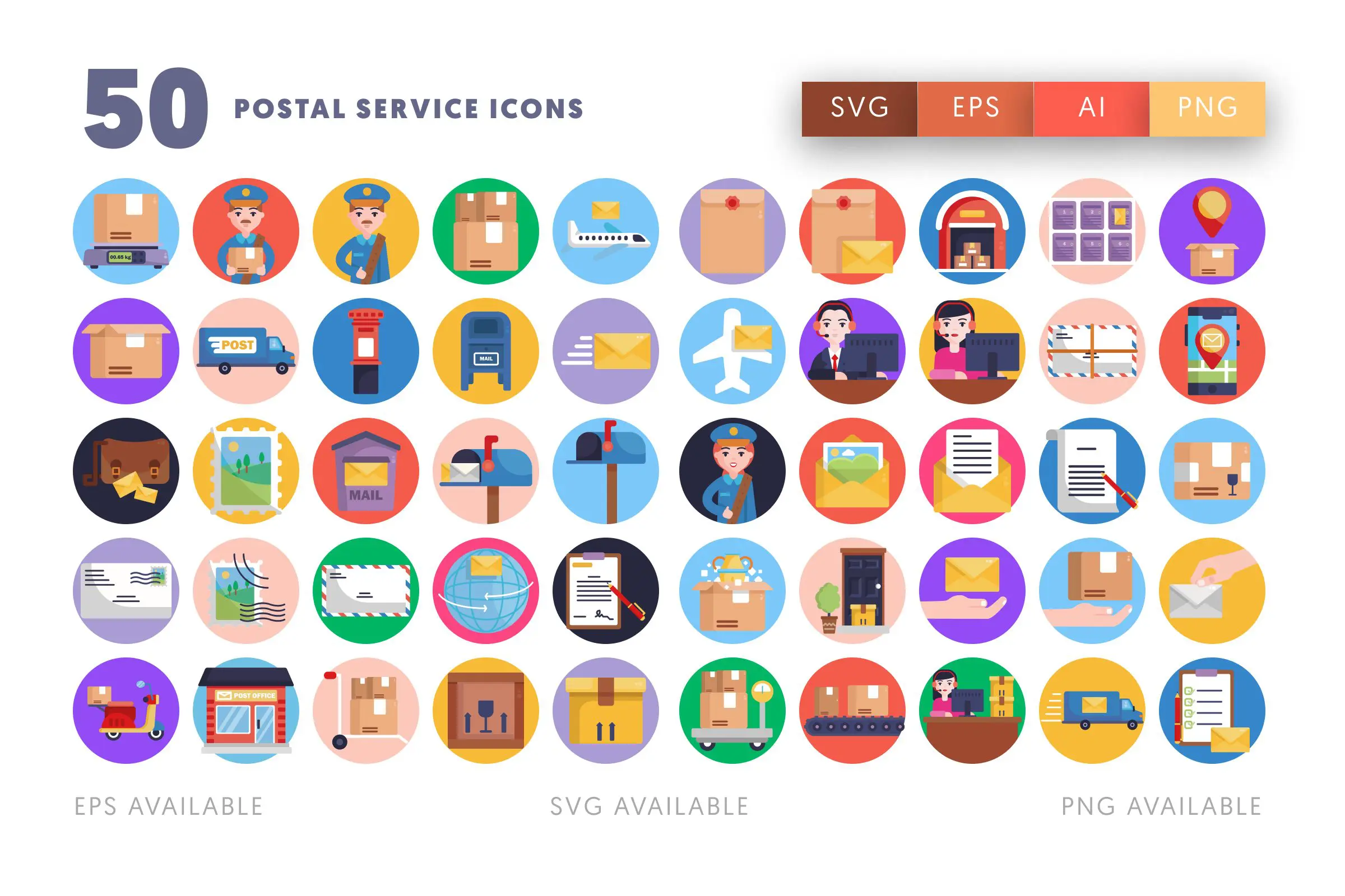 50 Postal Service Icons – flat circle icon set