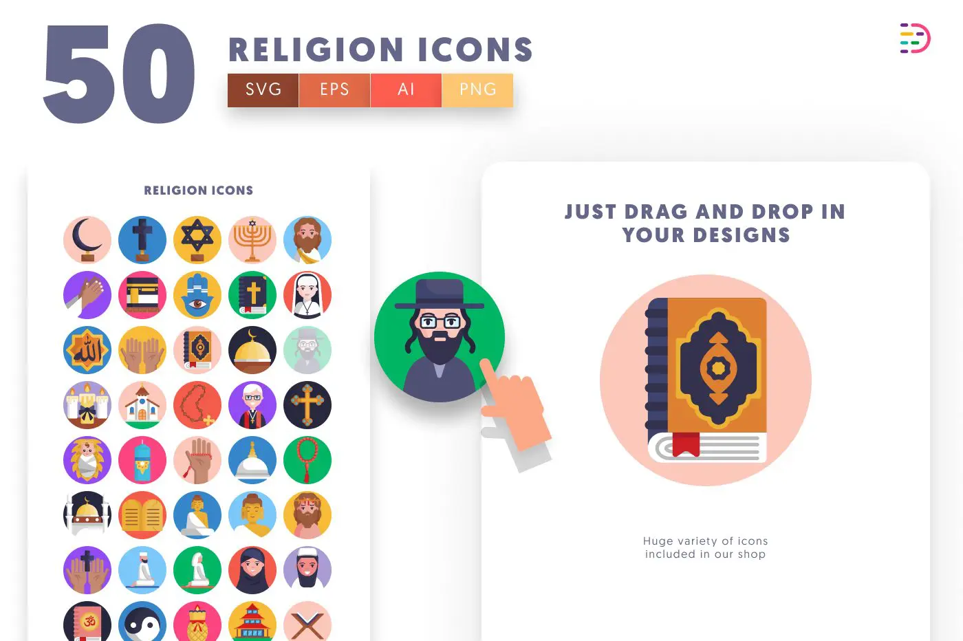 50 Religion Icons preview 1 – flat circle icons in PNG, SVG and EPS