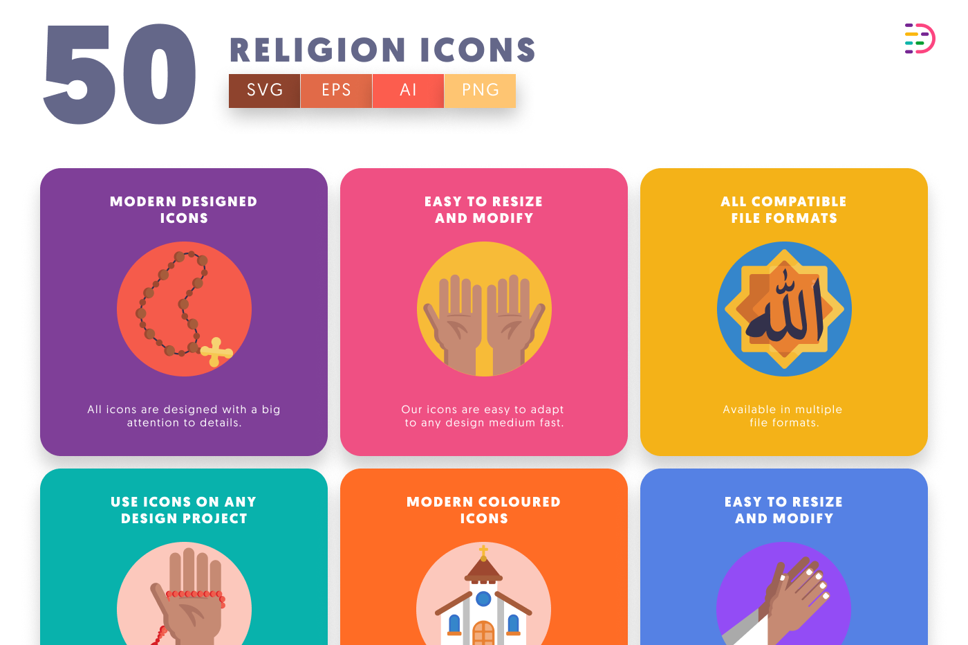 50 Religion Icons preview 5 – flat circle icons in PNG, SVG and EPS