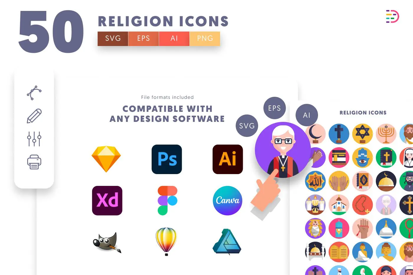 50 Religion Icons preview 8 – flat circle icons in PNG, SVG and EPS