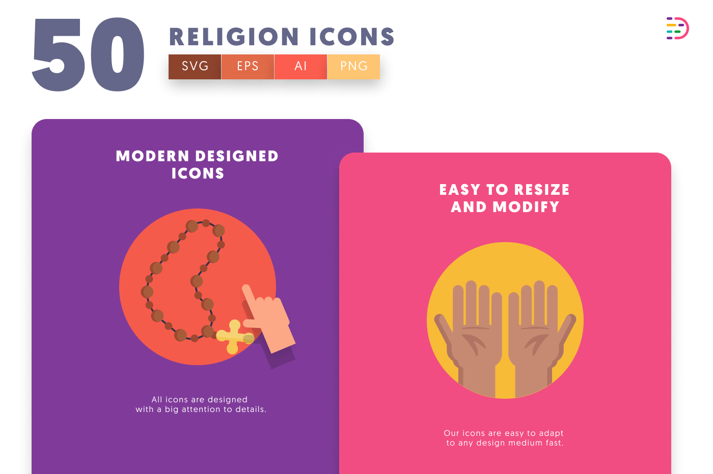 50 Religion Icons cover – flat circle icons in PNG, SVG and EPS