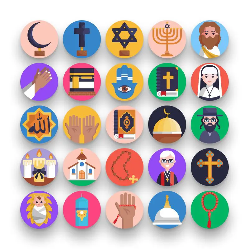 50 Religion Icons – set of colorful flat circle icons