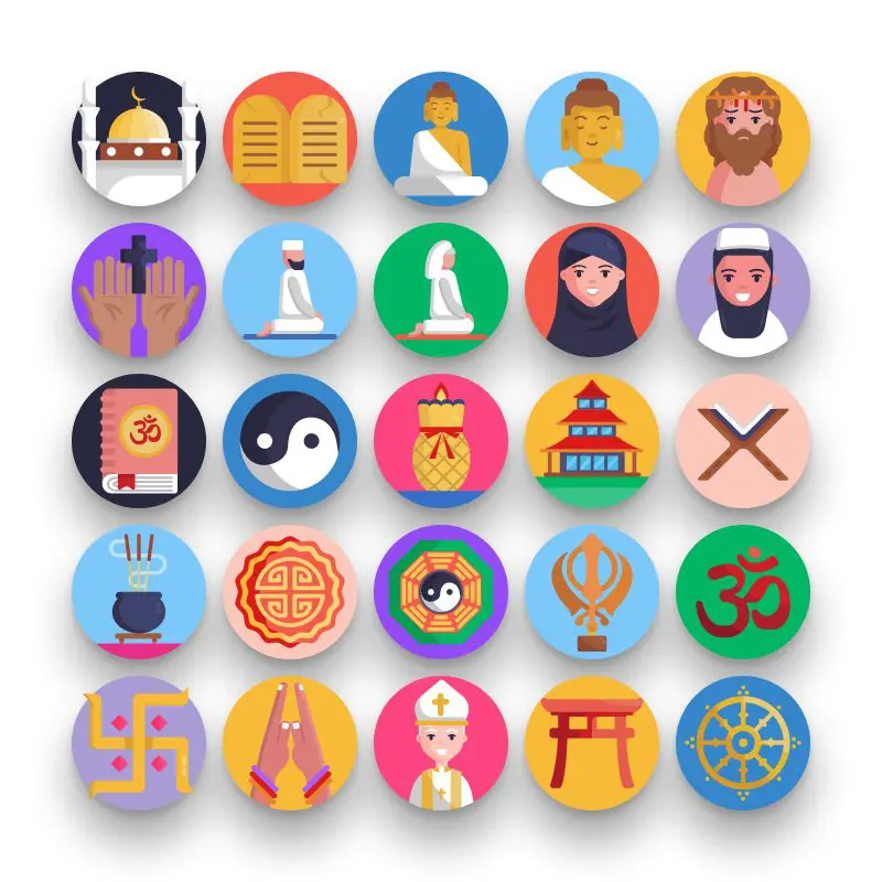 50 Religion Icons – set of colorful flat circle icons