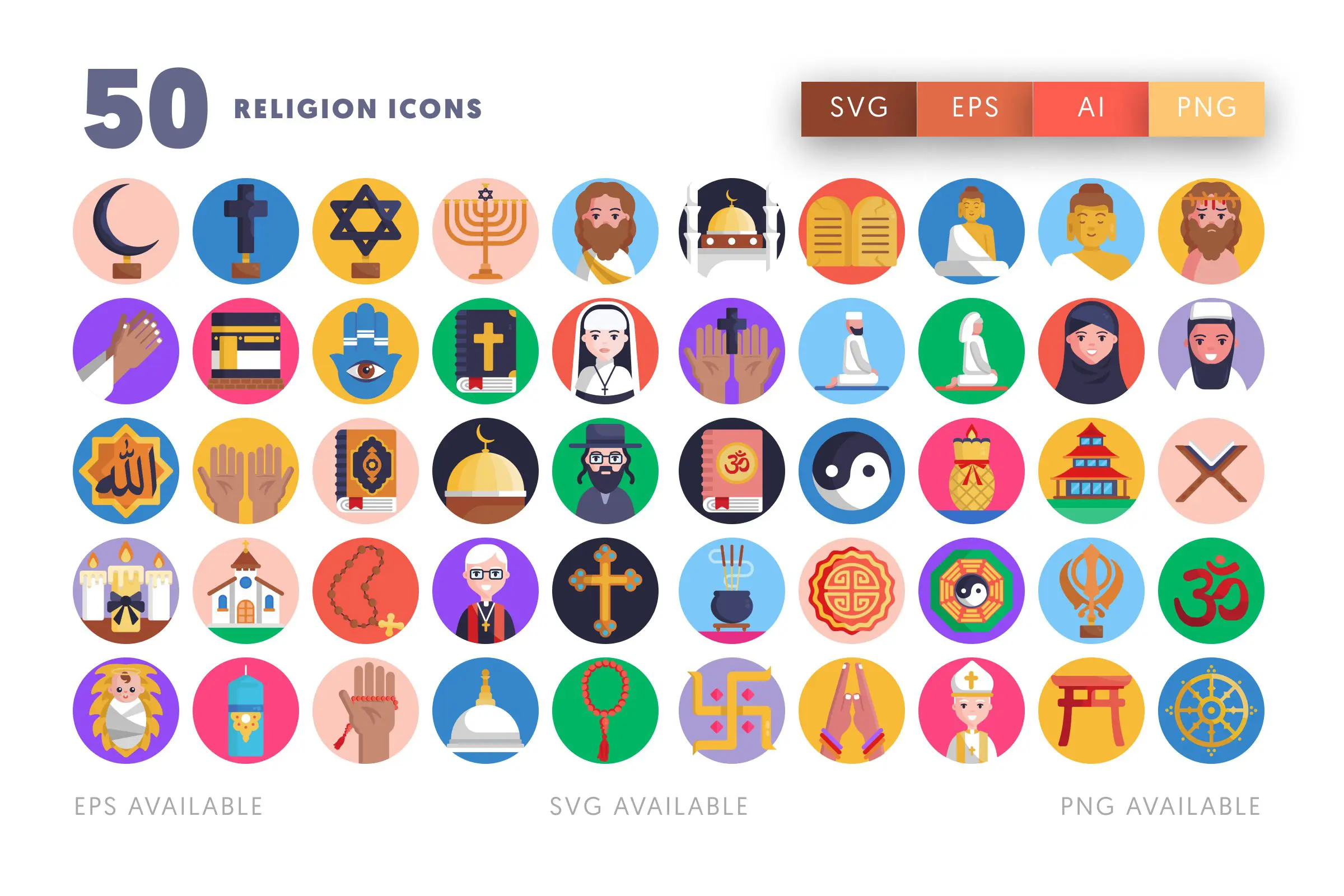 50 Religion Icons – flat circle icon set