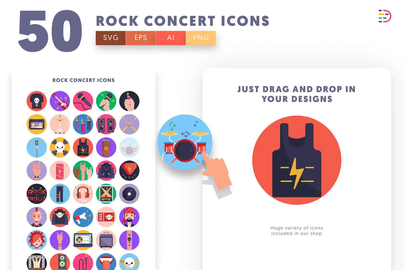 50 Rock Concert Icons preview 1 – flat circle icons in PNG, SVG and EPS